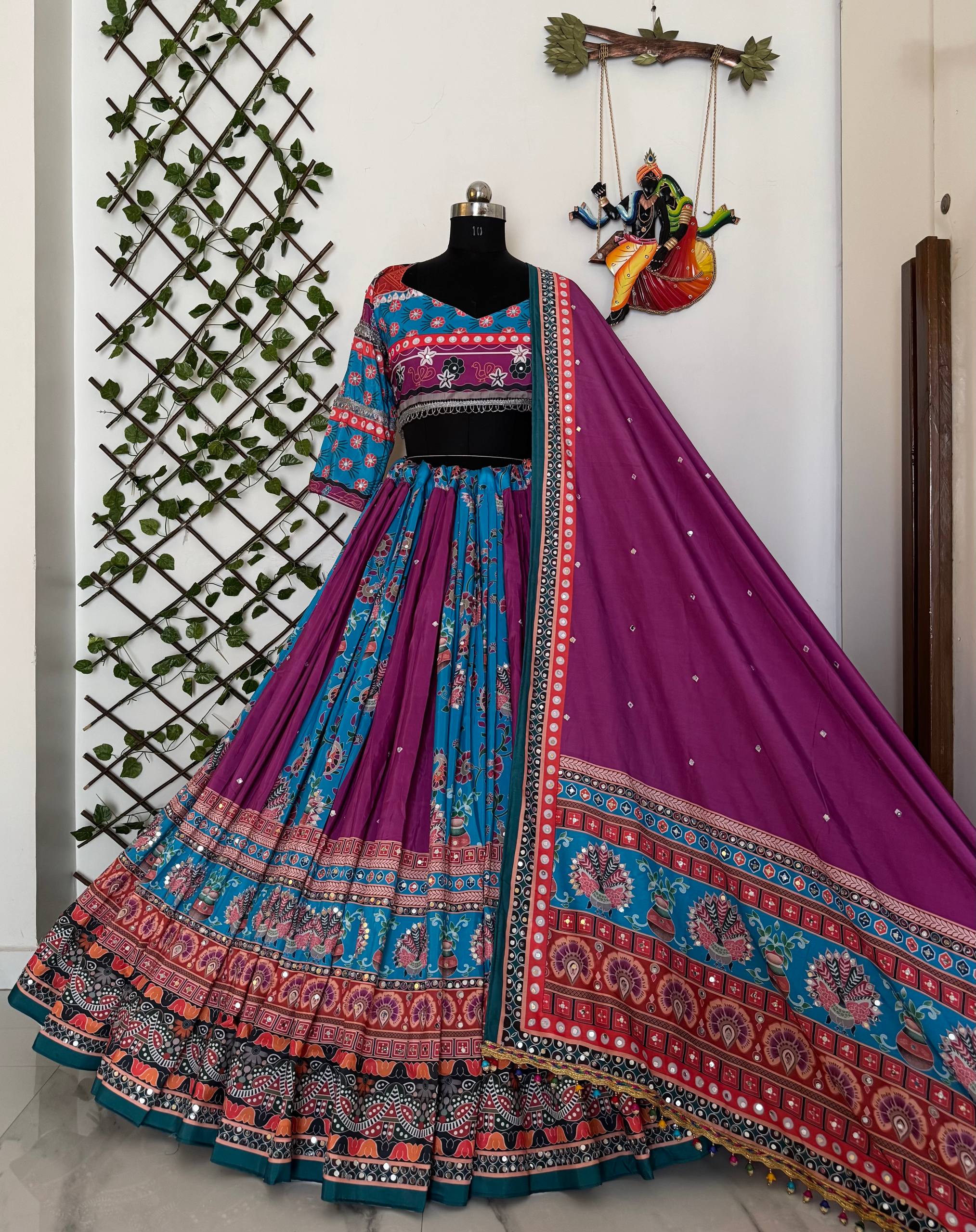 Sky-Purple Color Digital Printed Muslin Cotton Navratri Lehenga Choli