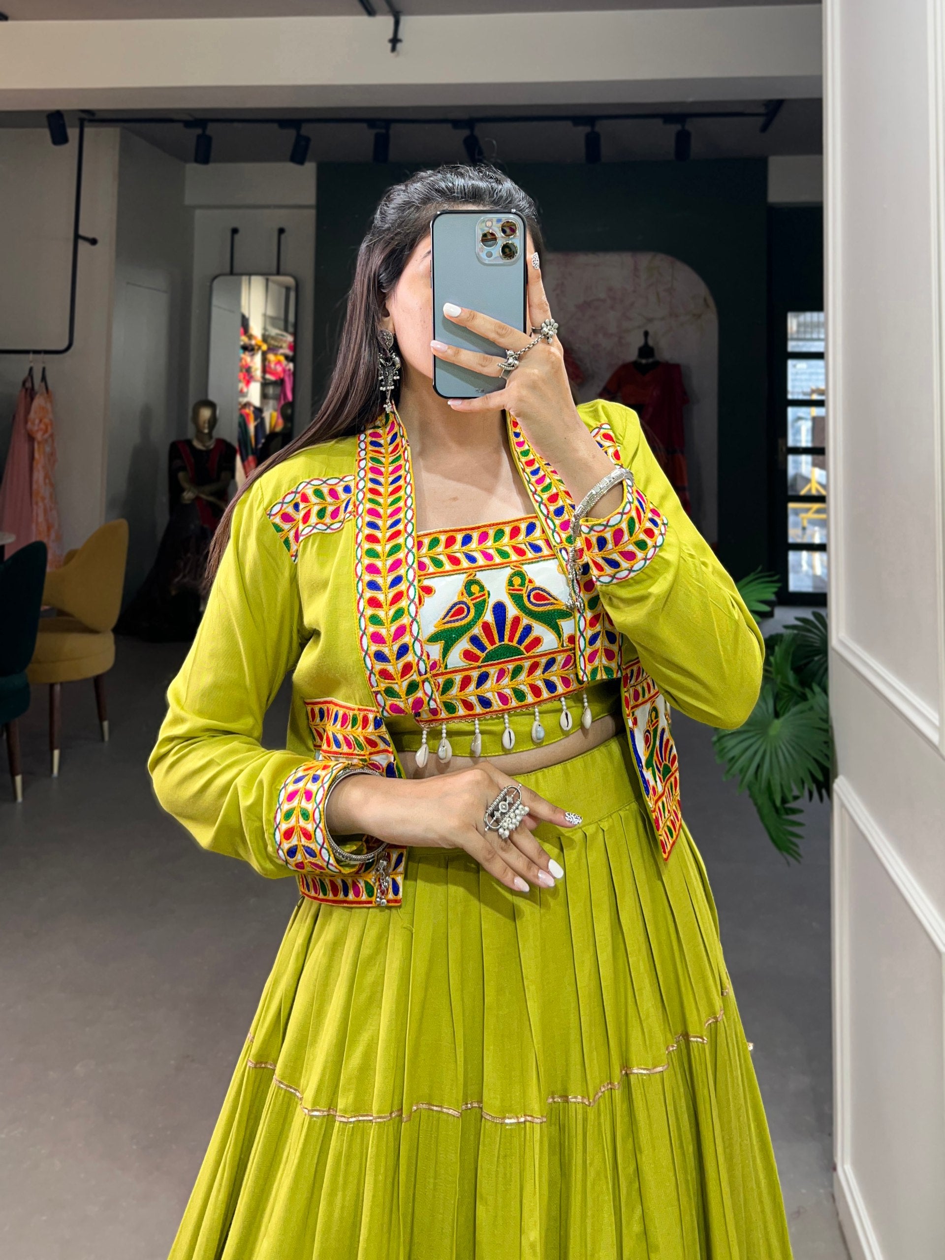 Parrot Color Pure Rayon Gamthi Work Navratri Lehenga Choli