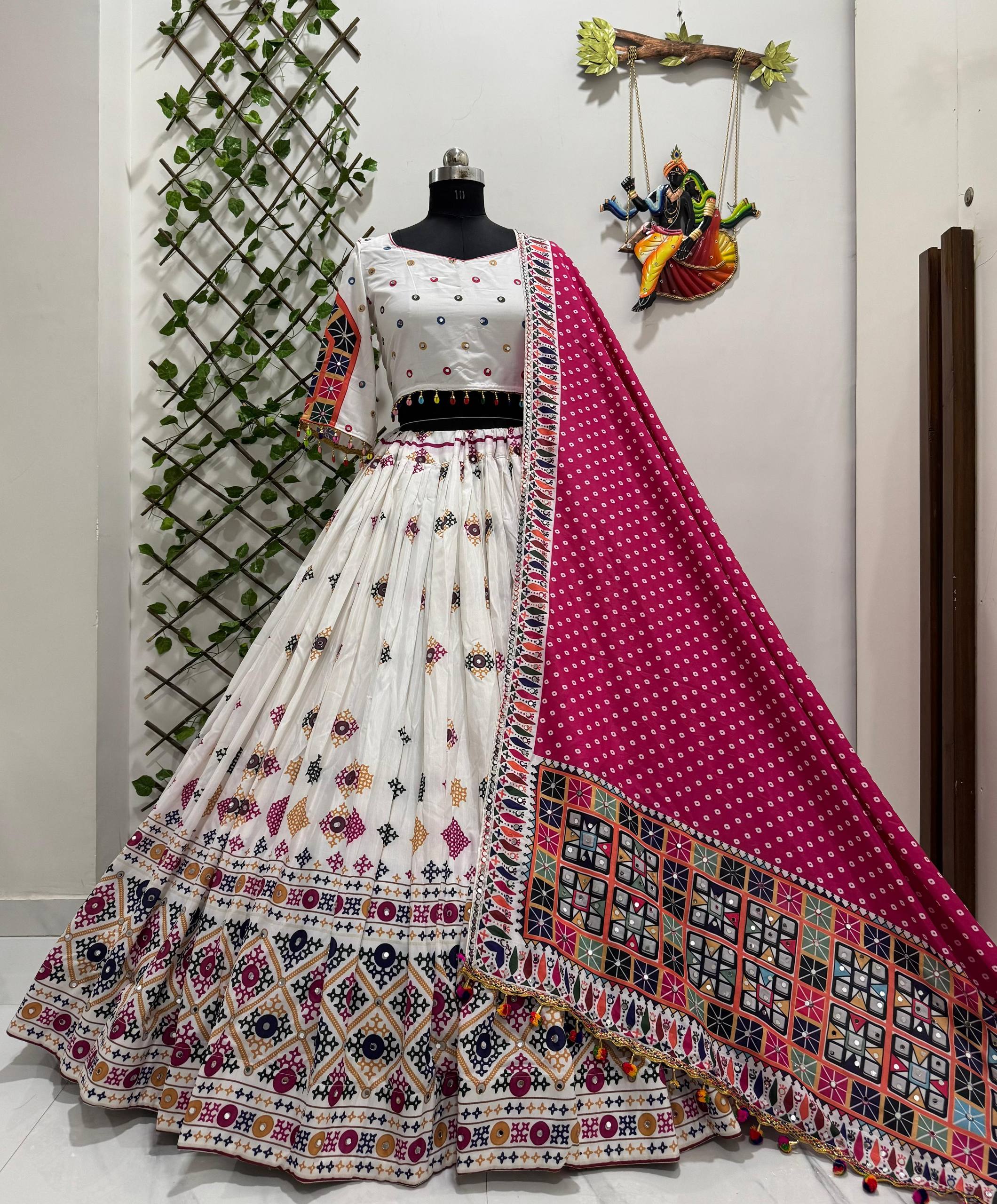 White Color Digital Printed Muslin Cotton Navratri Lehenga Choli