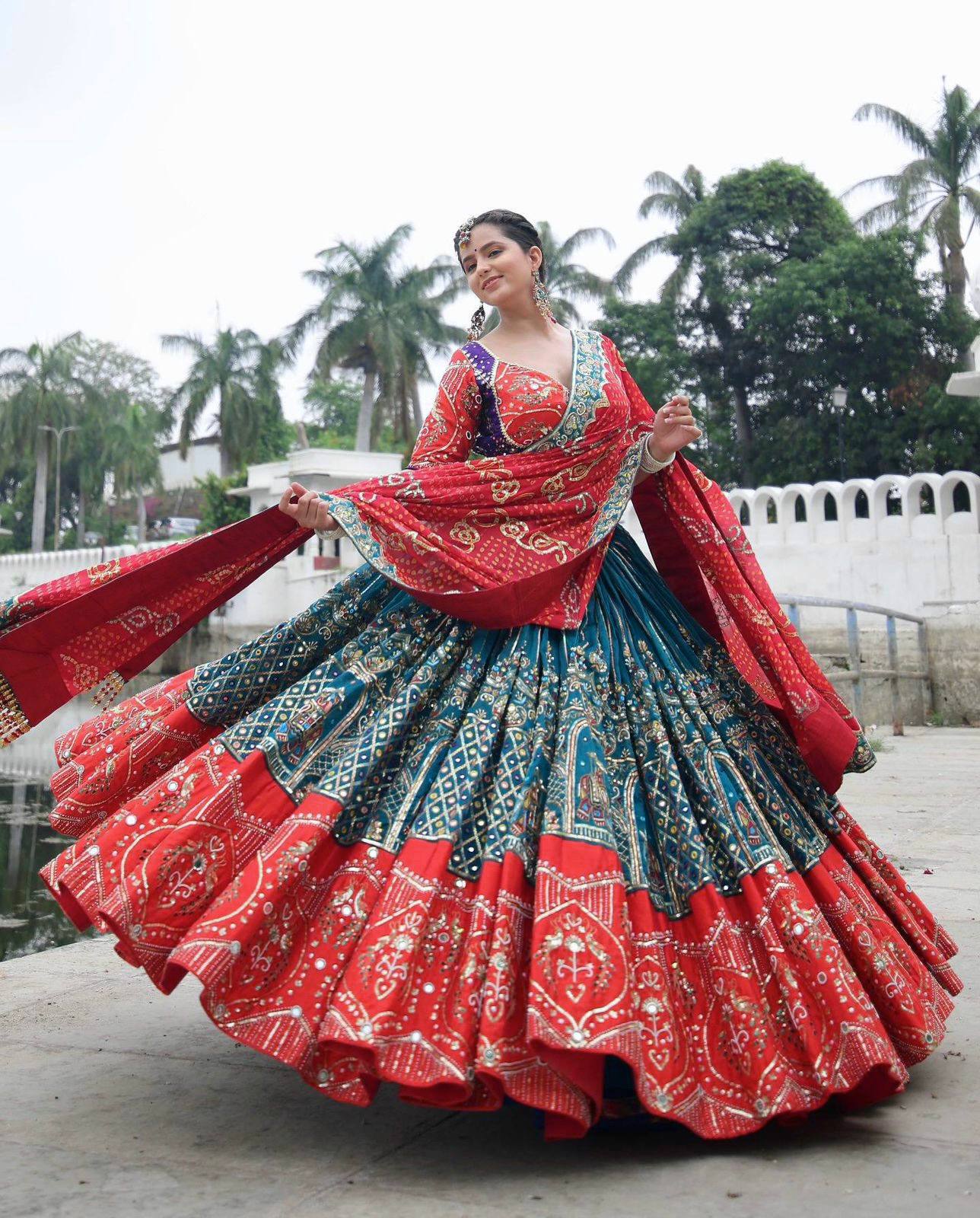Red Color Digital Printed with Real Mirror Navratri Lehenga Choli
