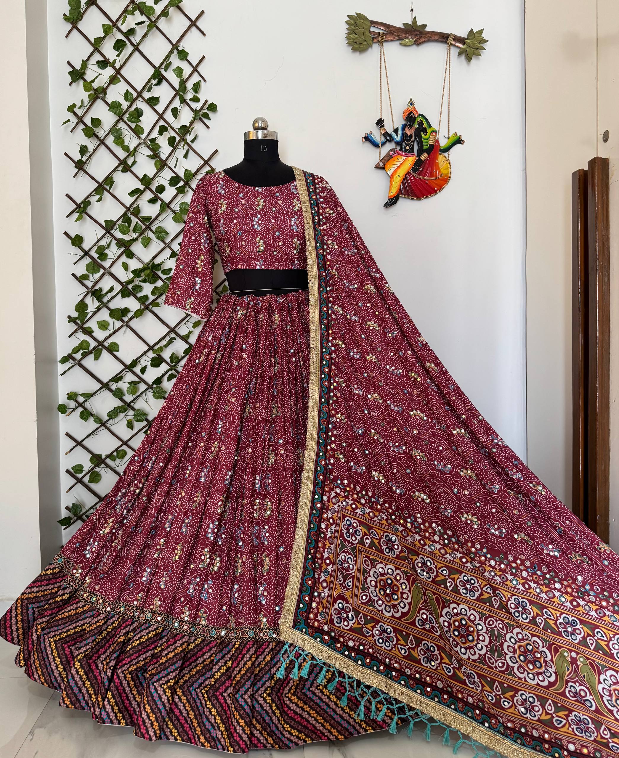 Maroon Color Digital Printed with Real Mirror Navratri Lehenga Choli