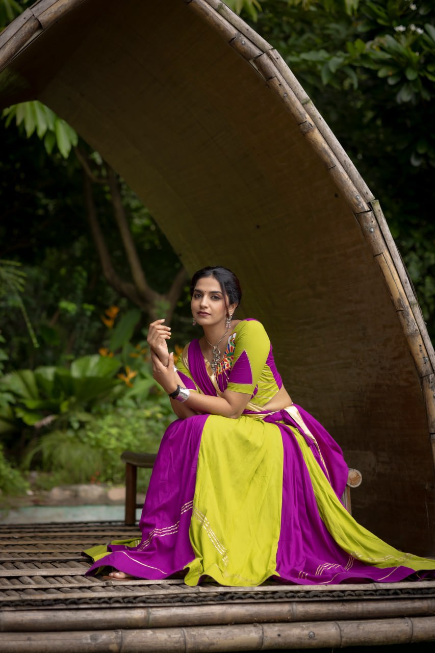 Green-Purple Color Gamthi Work Ready To Wear Rayon Navratri Lehenga Choli