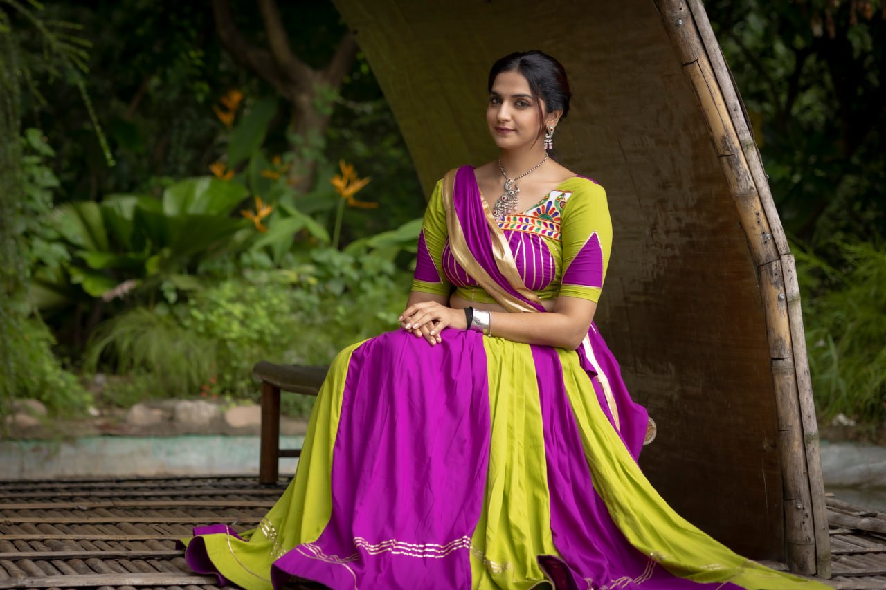 Green-Purple Color Gamthi Work Ready To Wear Rayon Navratri Lehenga Choli