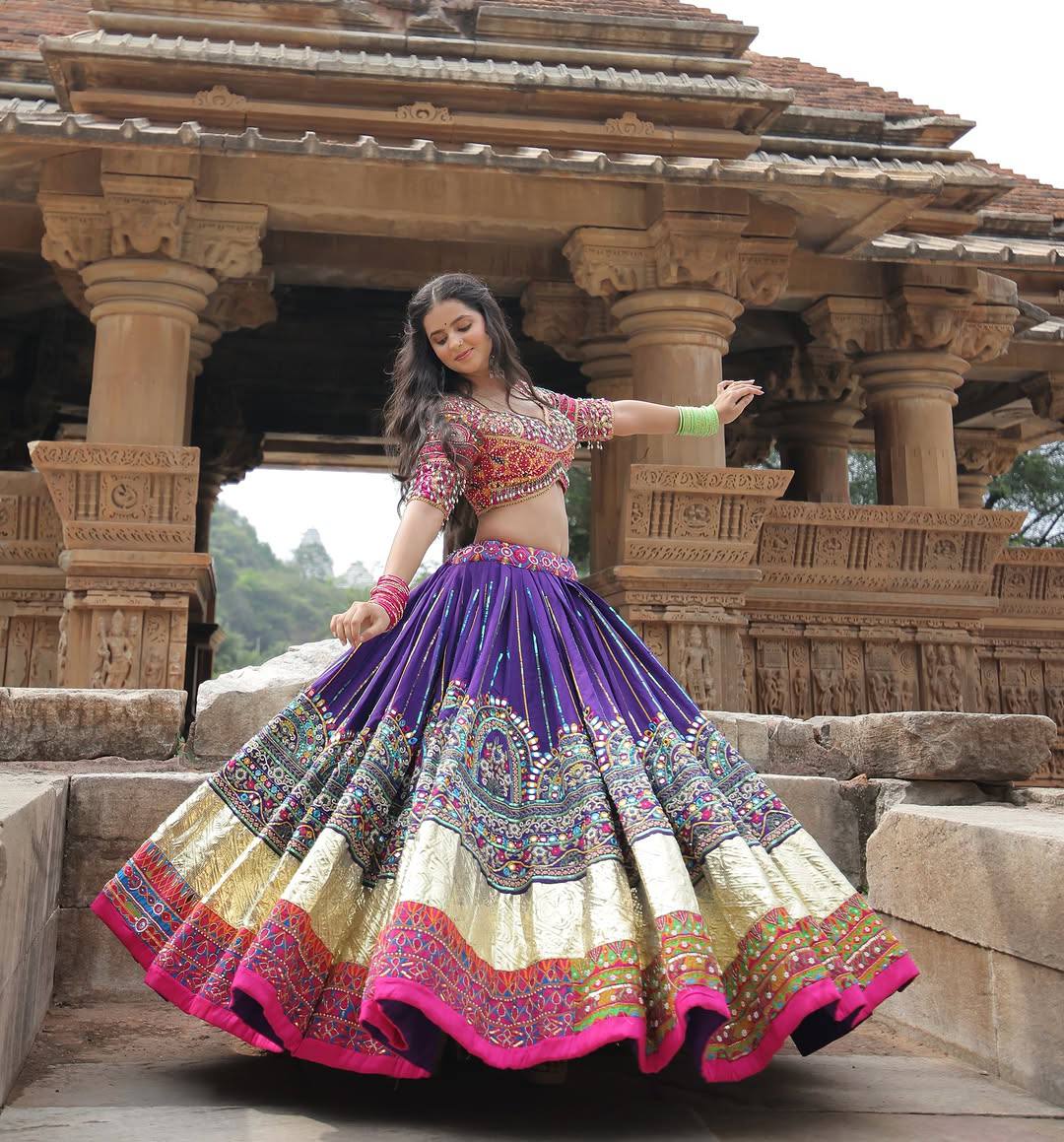 Purple Color Digital Printed Navratri Mirror Work Lehenga Choli