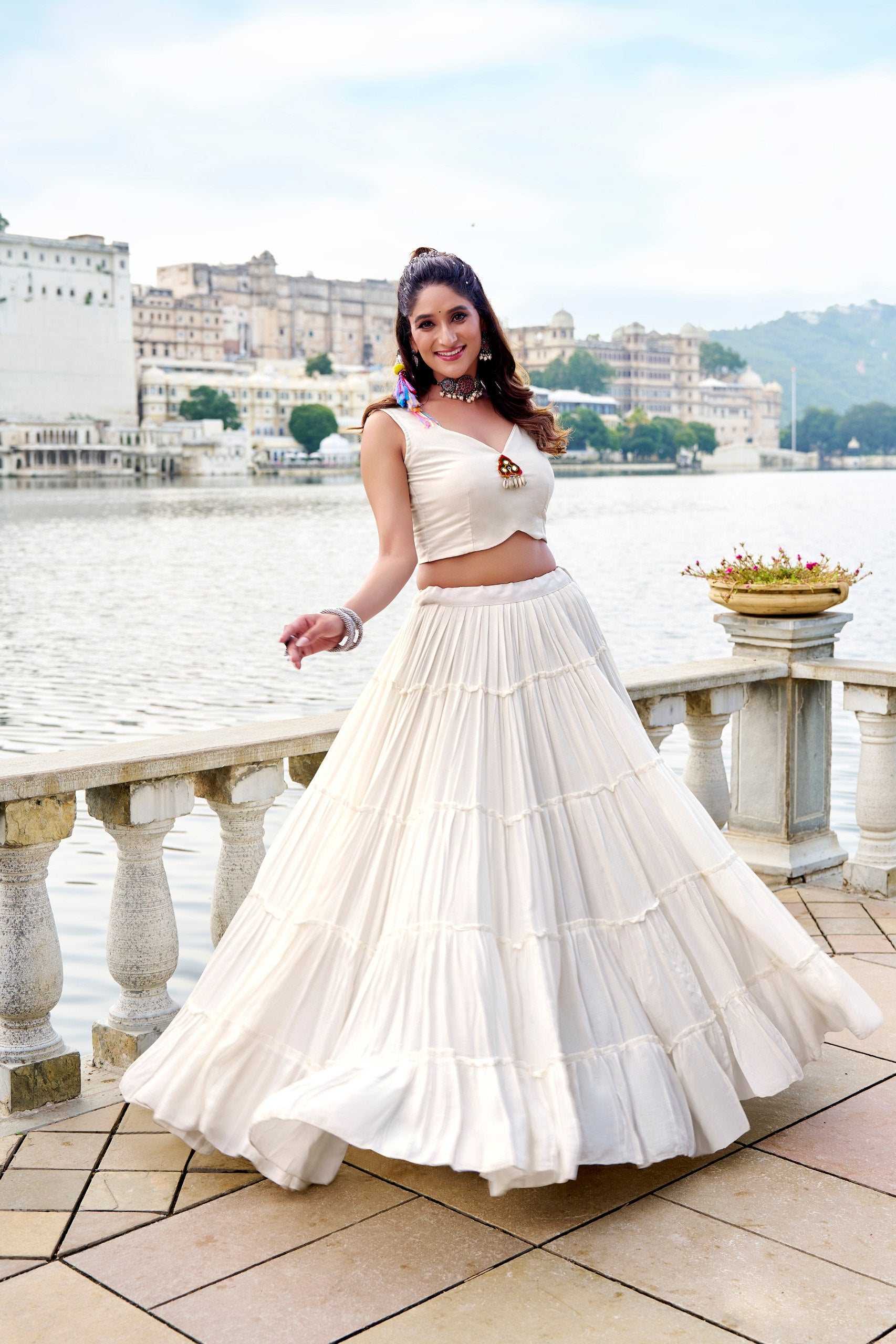 White Color Pure Rayon Gamthi Work Navratri Lehenga Choli