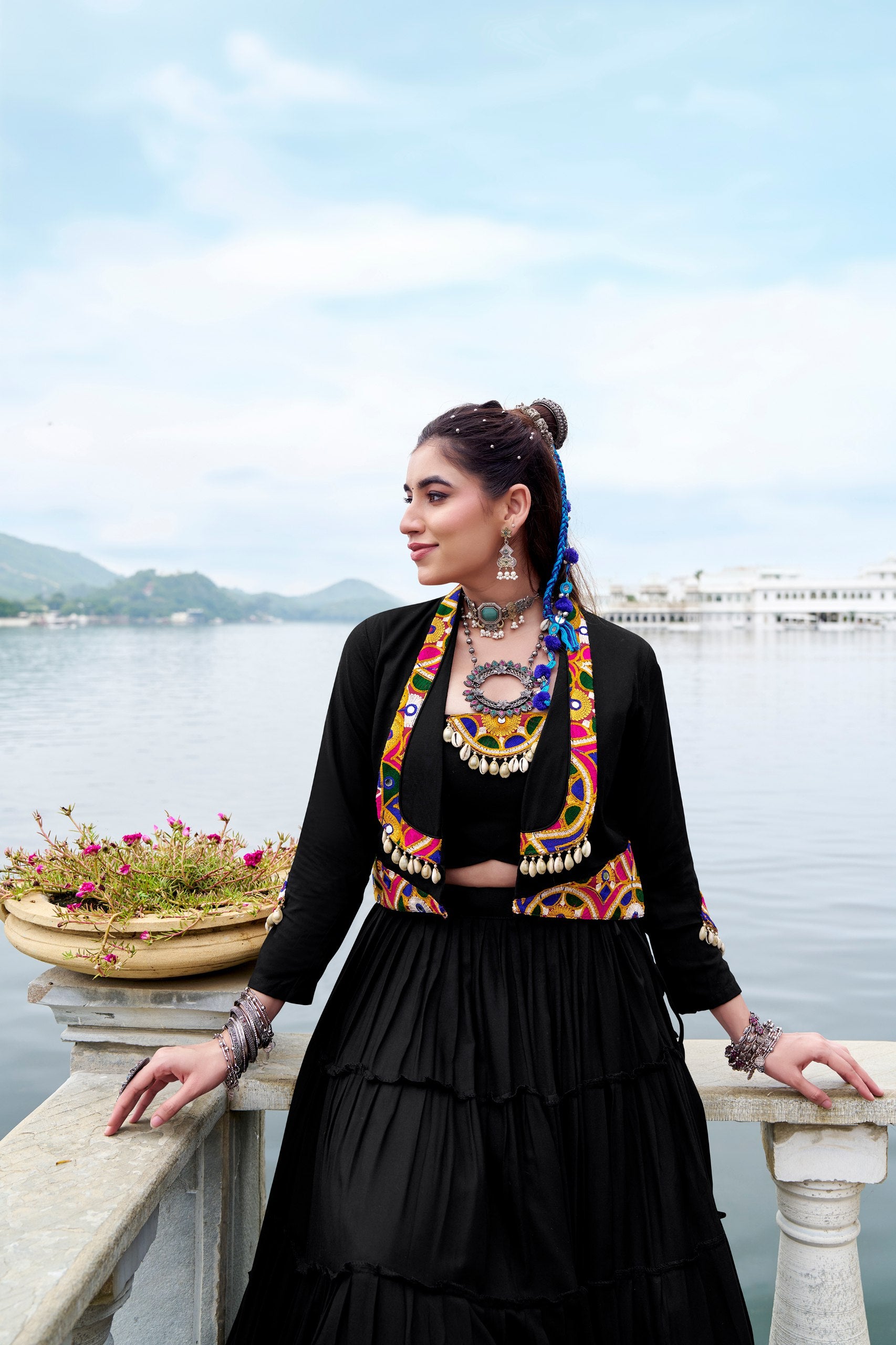 Black Color Pure Rayon Gamthi Work Navratri Lehenga Choli