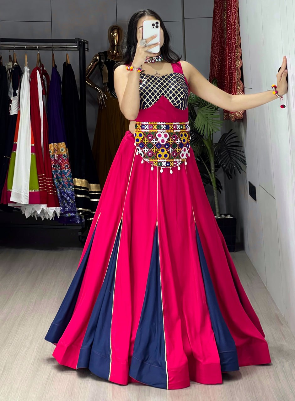Pink-Blue Color Kutchi Work Ready To Wear Rayon Navratri Lehenga Choli