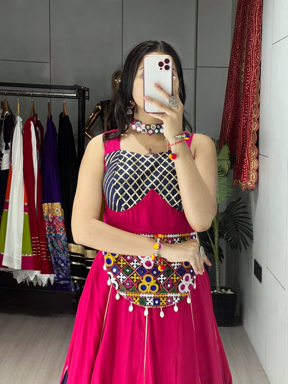Pink-Blue Color Kutchi Work Ready To Wear Rayon Navratri Lehenga Choli