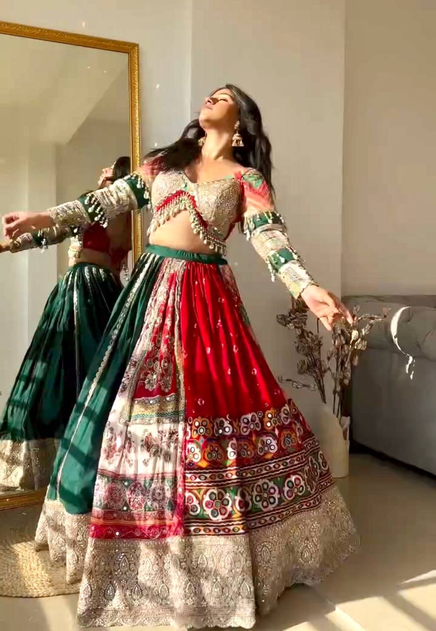 Multi Color Digital Printed Mirror Work Navratri Lehenga Choli