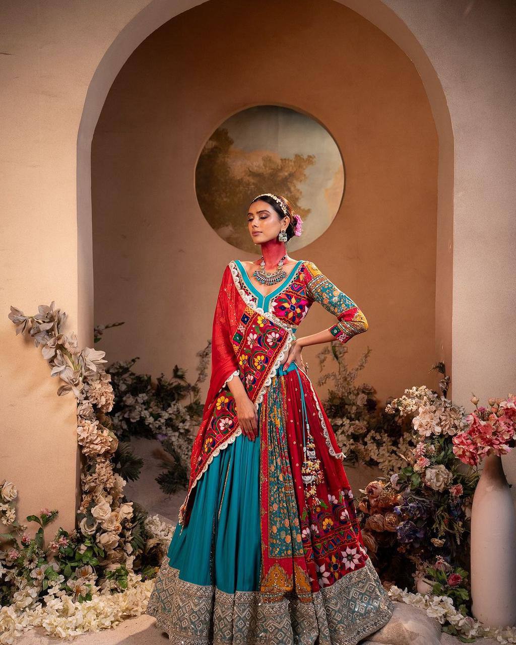 Blue Color Digital Printed Mirror Work Navratri Lehenga Choli