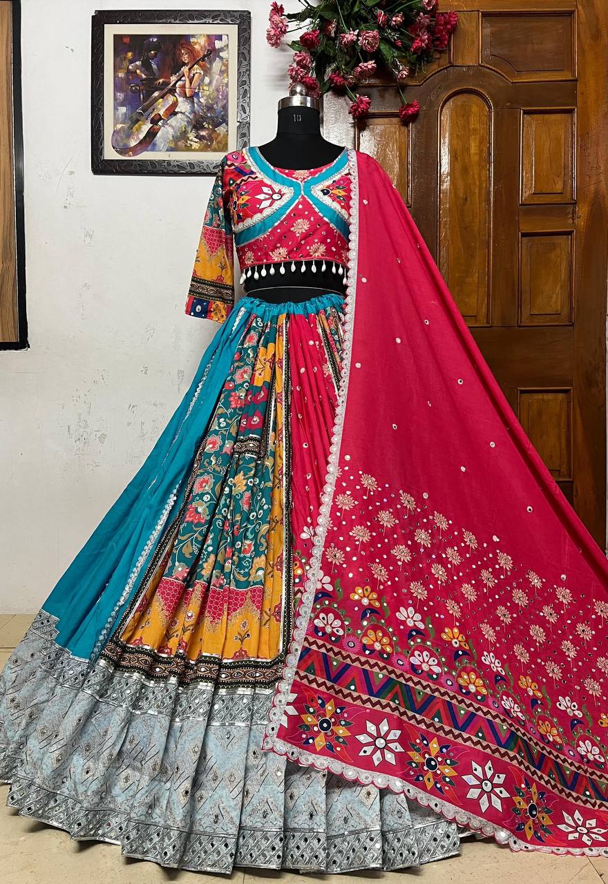 Blue Color Digital Printed Mirror Work Navratri Lehenga Choli