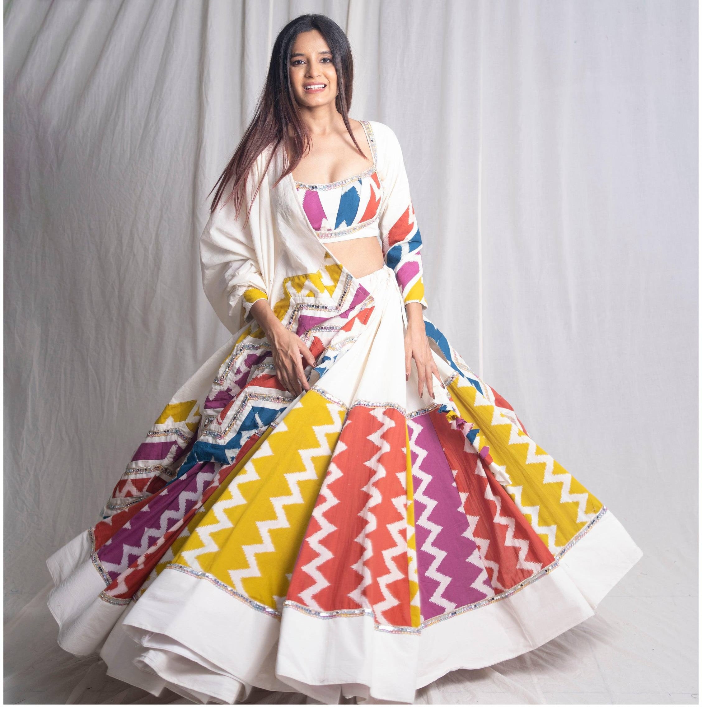 White Color Digital Printed Mirror Work Navratri Lehenga Choli