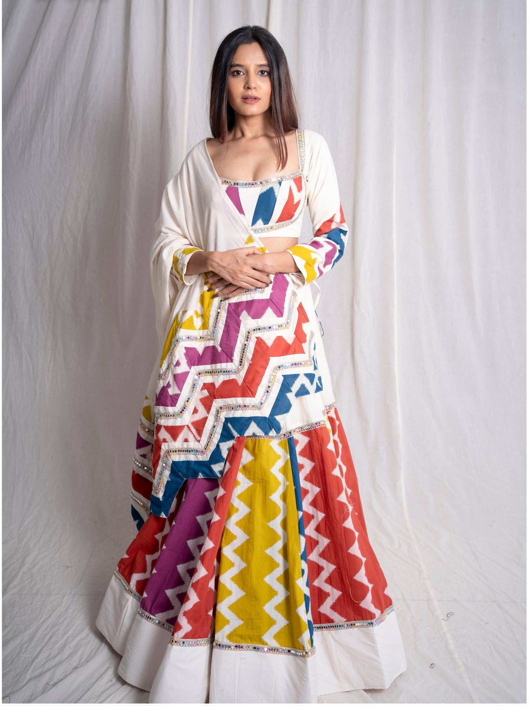 White Color Digital Printed Mirror Work Navratri Lehenga Choli