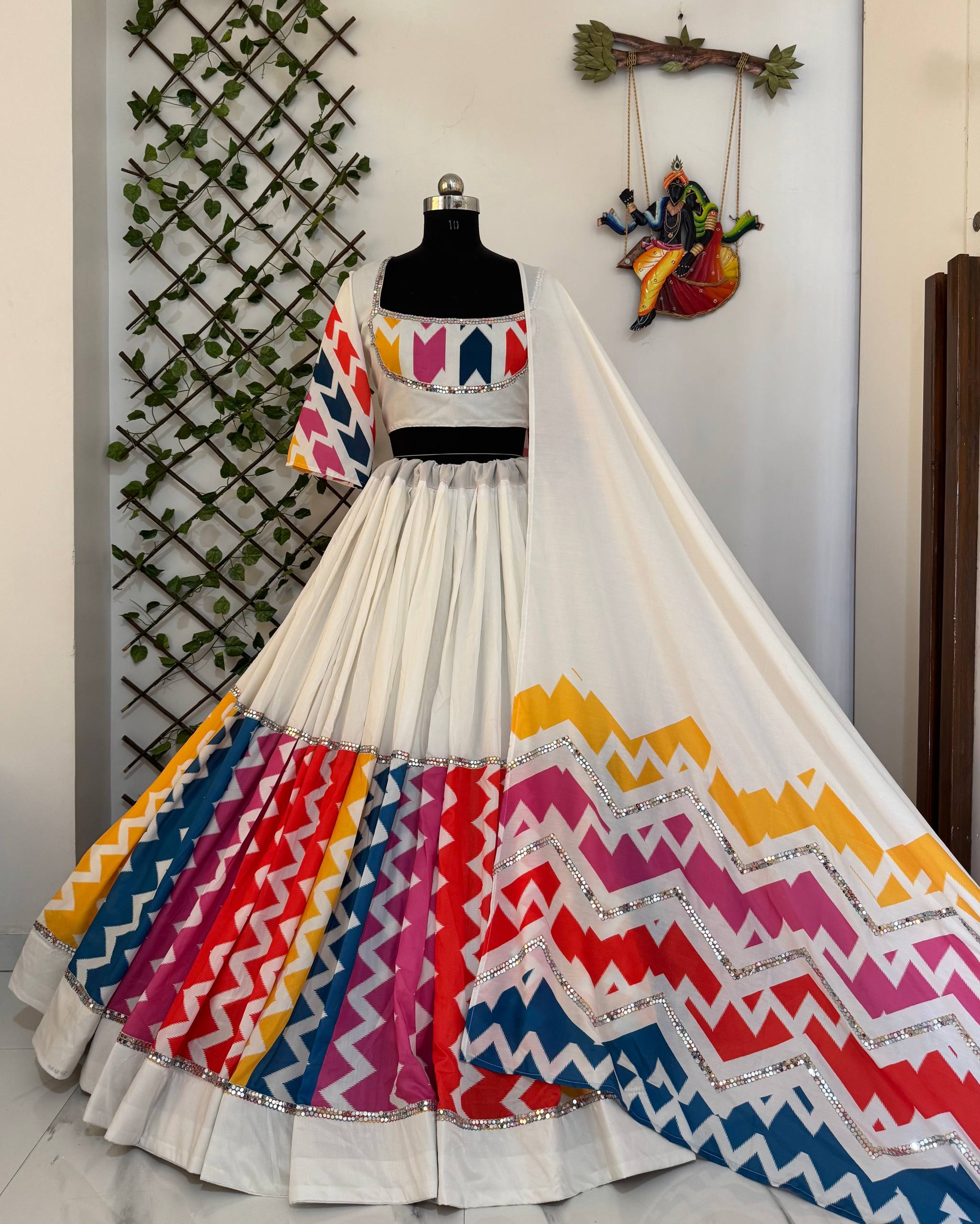 White Color Digital Printed Mirror Work Navratri Lehenga Choli