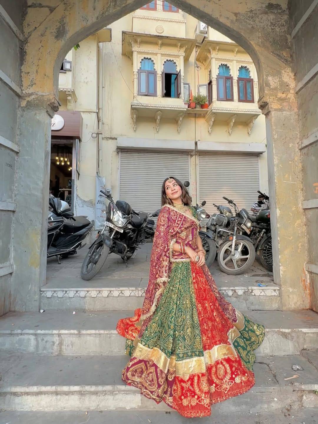 Green-Red Color Trendy Printed Mirror Work Navratri Lehenga Choli