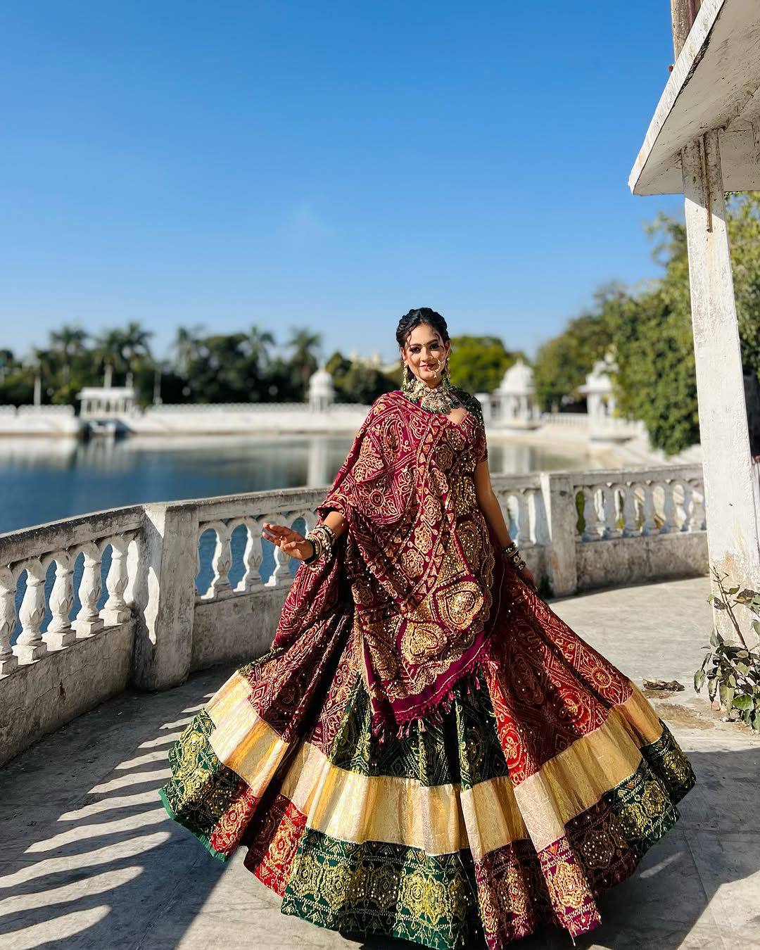 Green-Red Color Trendy Printed Mirror Work Navratri Lehenga Choli