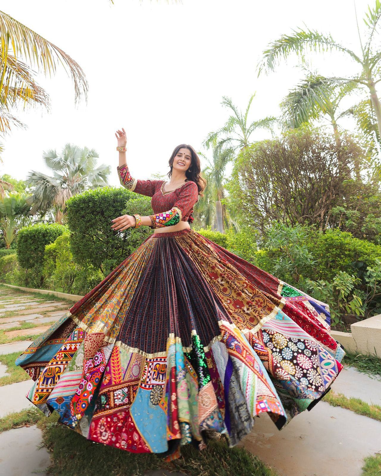 Multi Color Digital Printed Mirror Work Full Flair Navratri Lehenga Choli