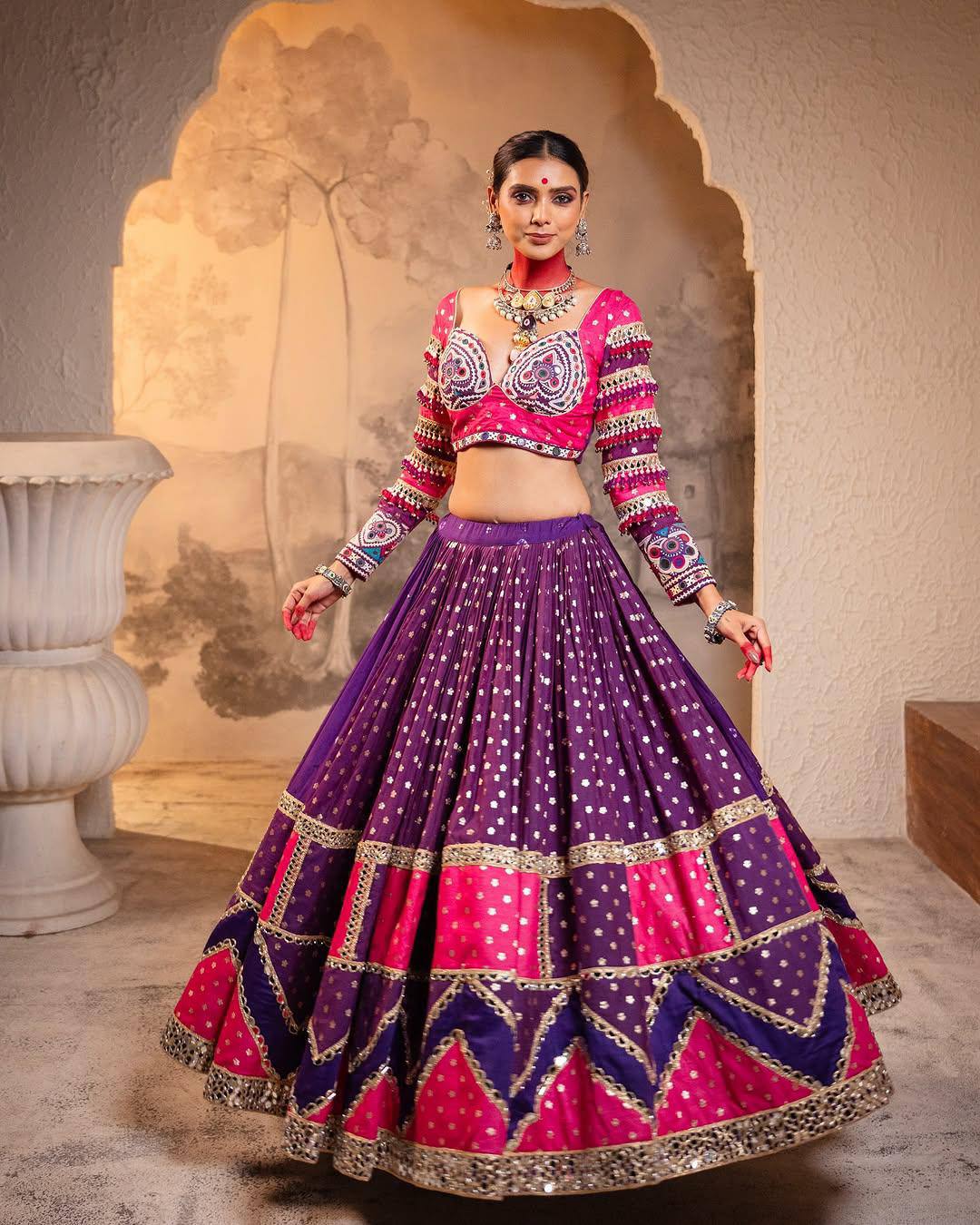 Purple Color Digital Printed Mirror Work Full Flair Navratri Lehenga Choli