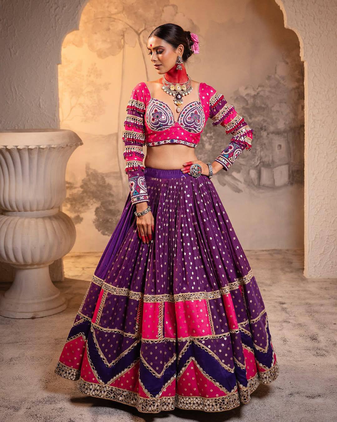 Purple Color Digital Printed Mirror Work Full Flair Navratri Lehenga Choli