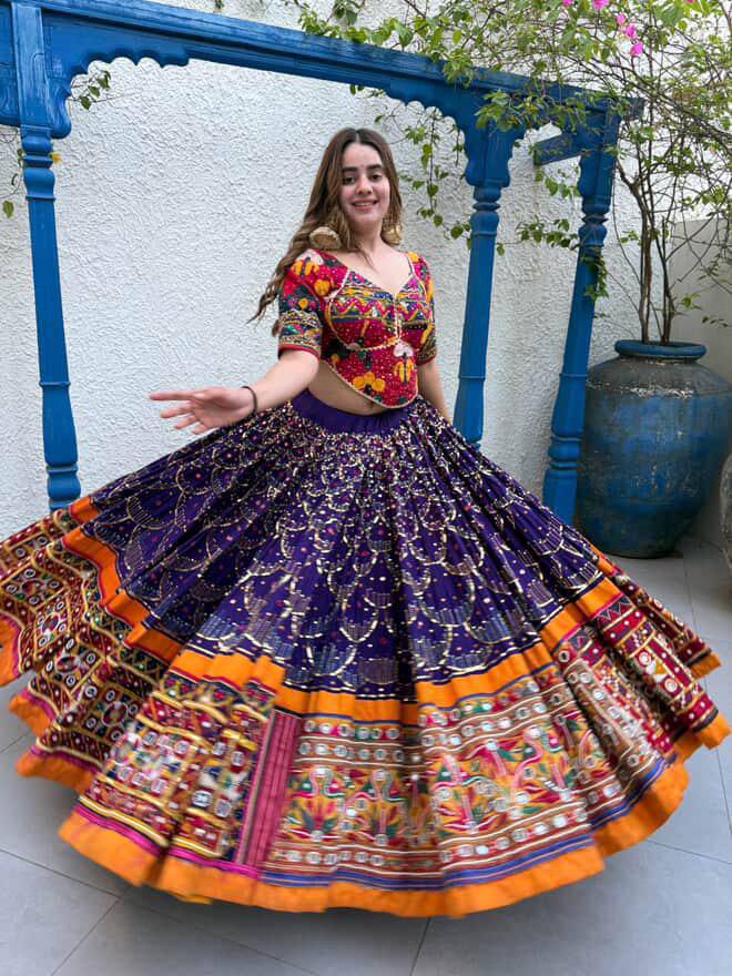 Purple Color Digital Printed Mirror Work Full Flair Navratri Lehenga Choli