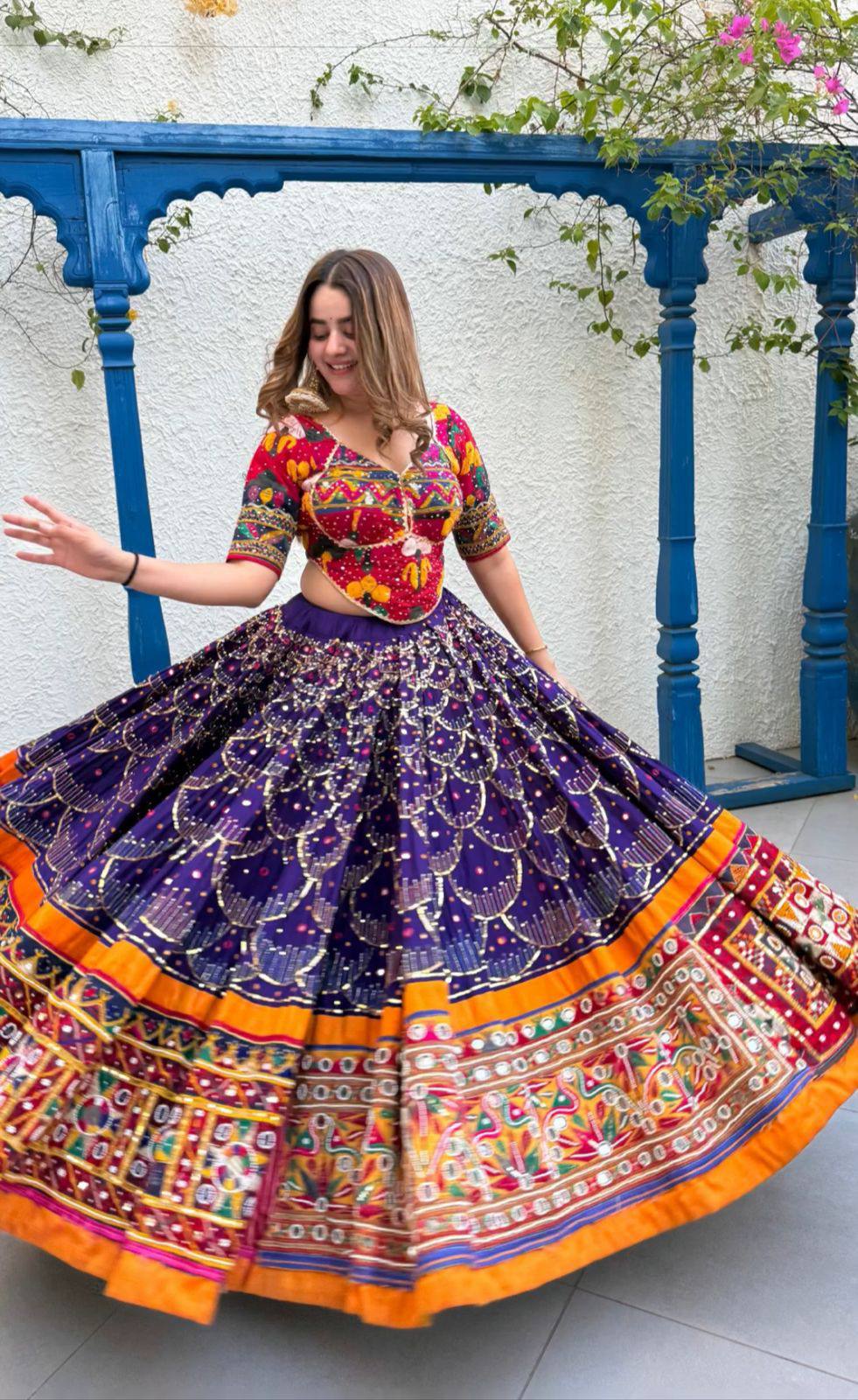 Purple Color Digital Printed Mirror Work Full Flair Navratri Lehenga Choli