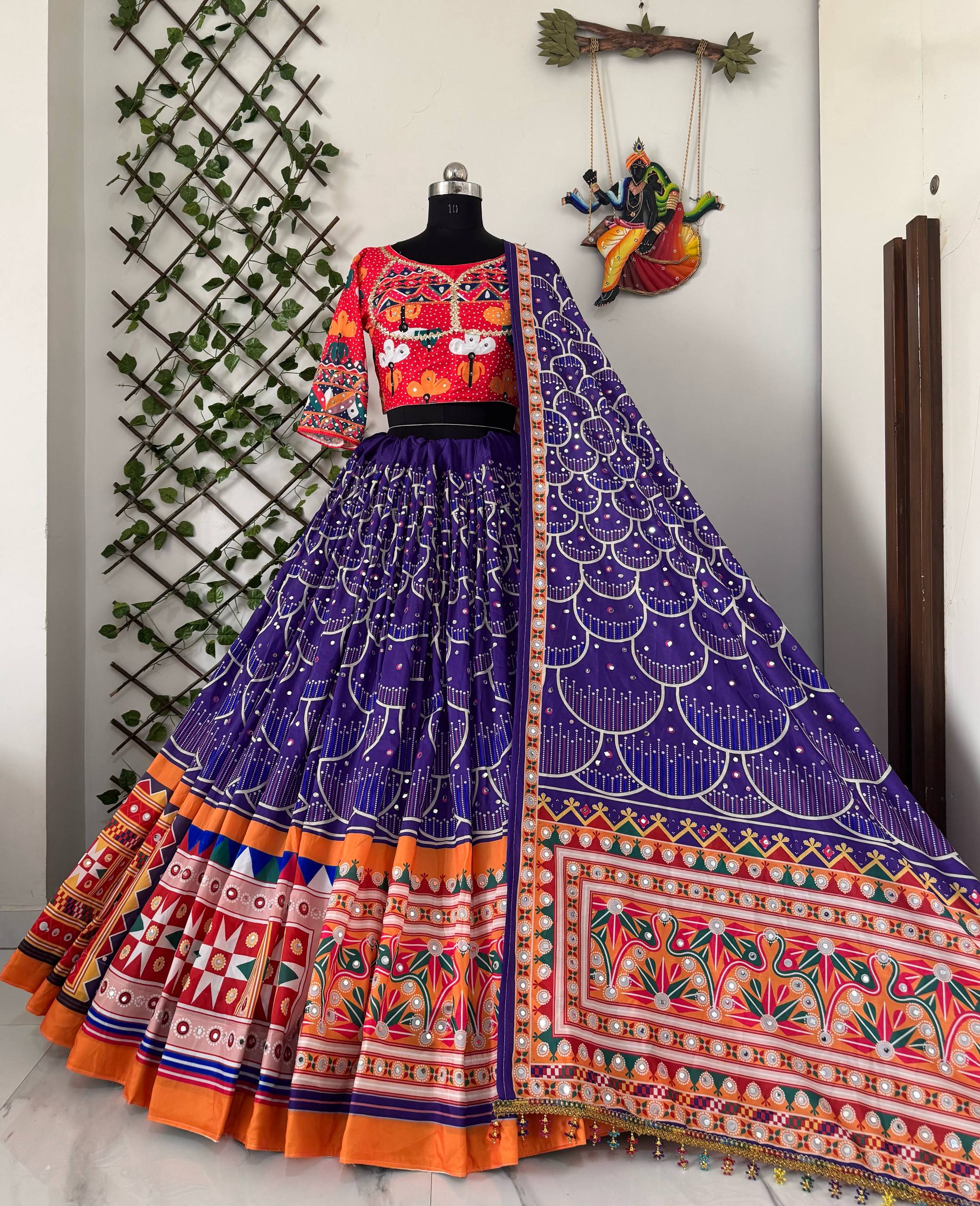 Purple Color Digital Printed Mirror Work Full Flair Navratri Lehenga Choli