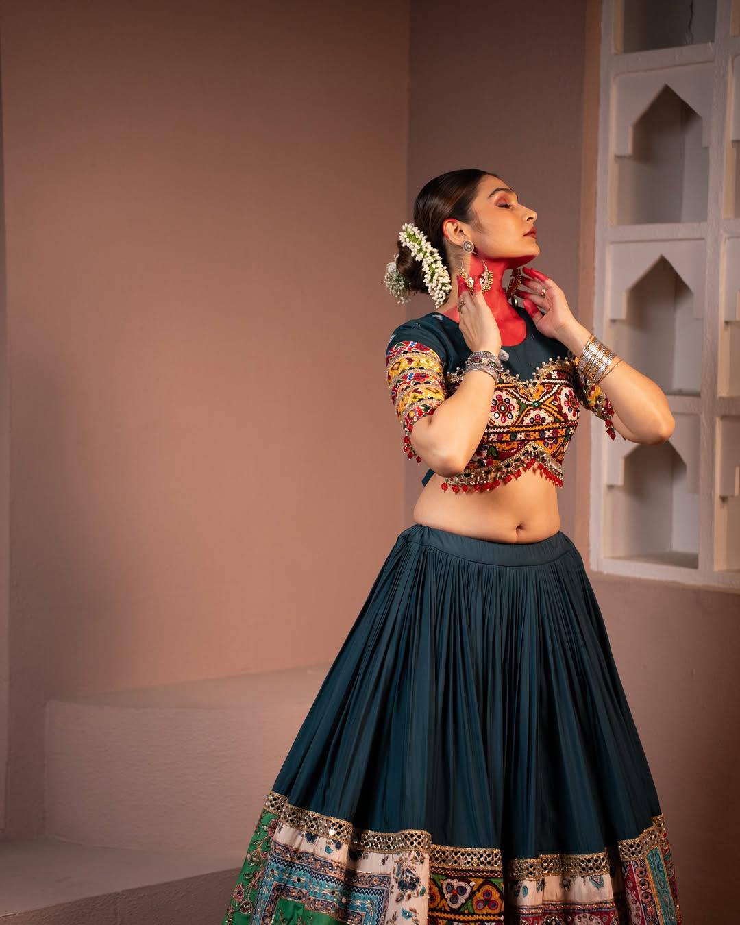 Navy Blue Color Digital Printed Mirror Work Full Flair Navratri Lehenga Choli