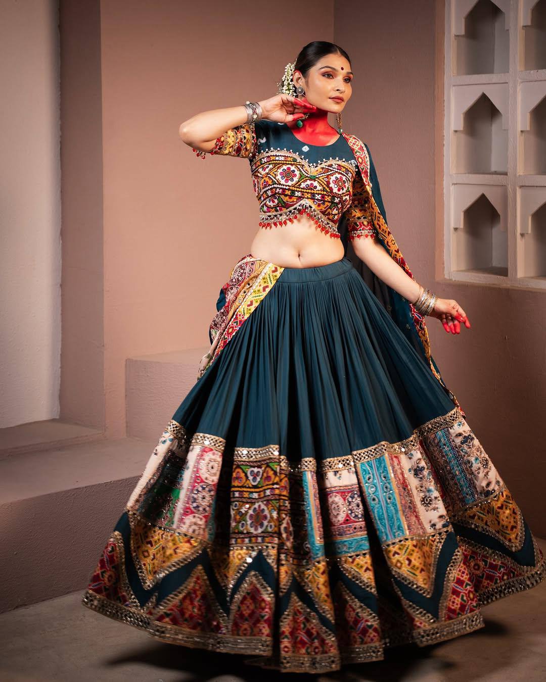 Navy Blue Color Digital Printed Mirror Work Full Flair Navratri Lehenga Choli