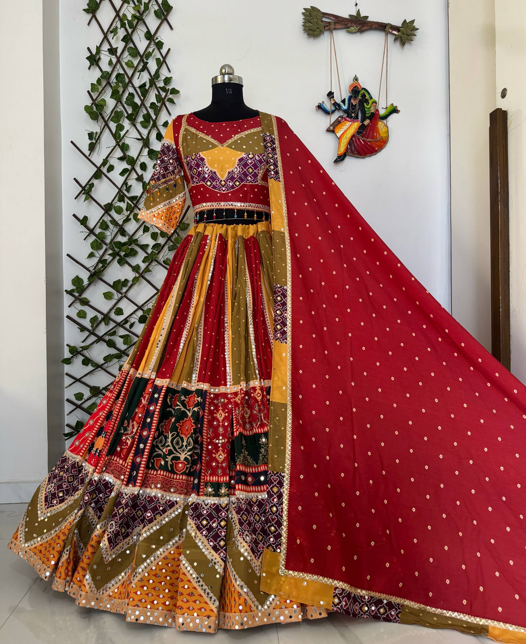 Multi Color Designer Navratri Printed Mirror Work Chaniya Choli