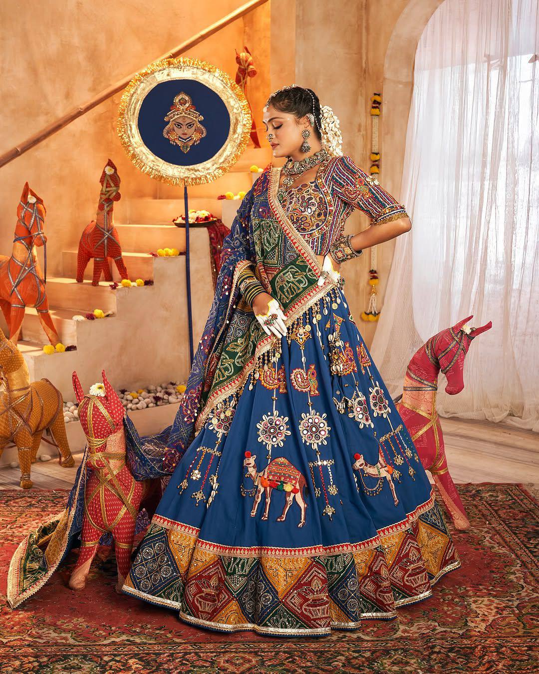 Blue Color Hit Navratri Designer Mirror Work Printed Chaniya Choli