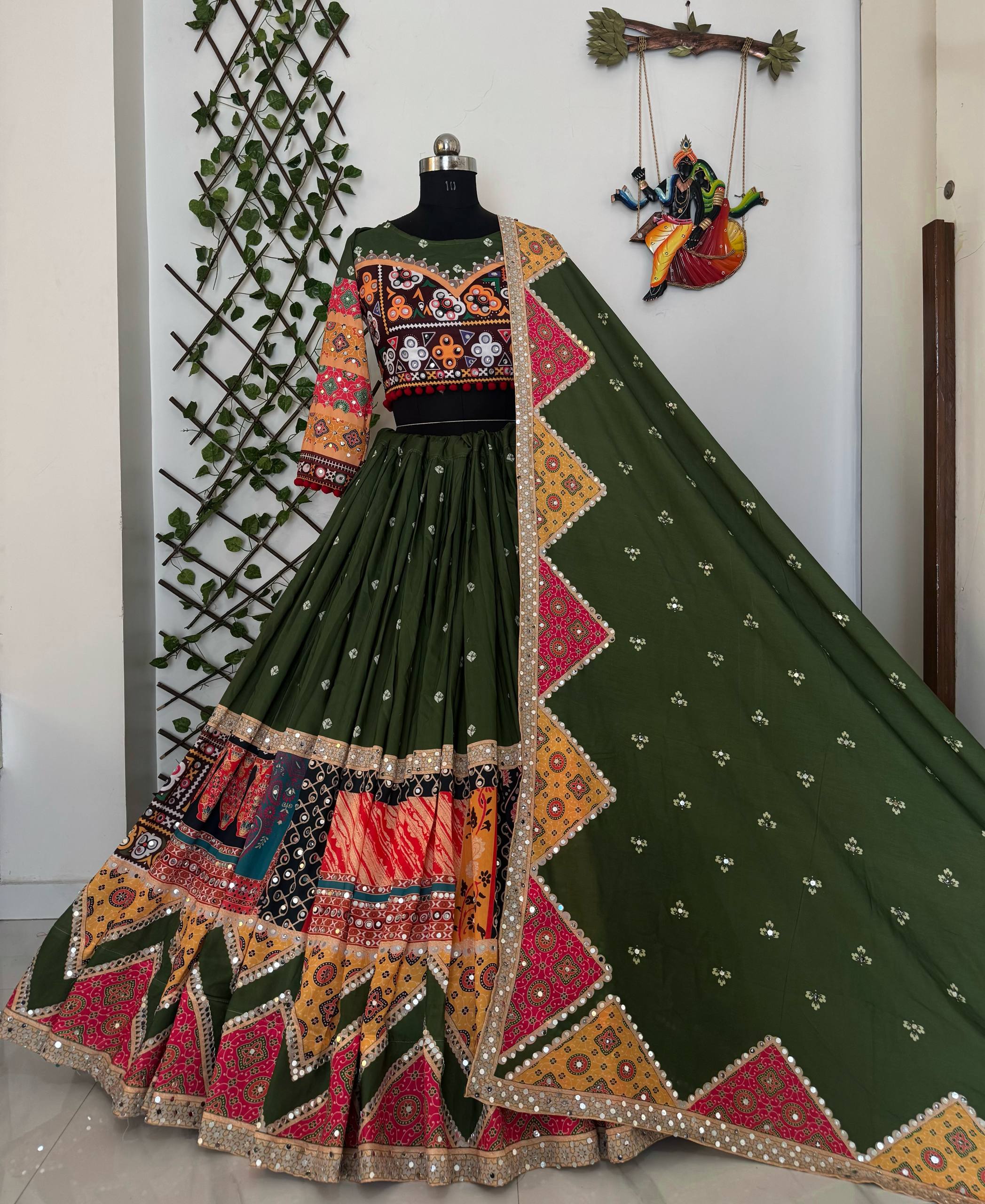 Green Color Navratri Designer Digital Printed Mirror Work Lehenga Set