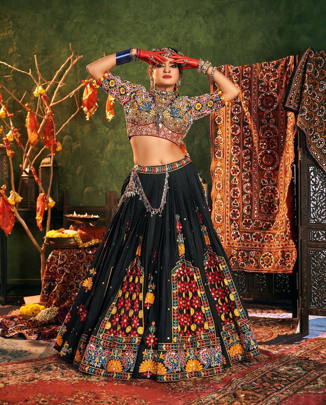 Black Color Digital Printed Mirror Work Navratri Lehenga Choli