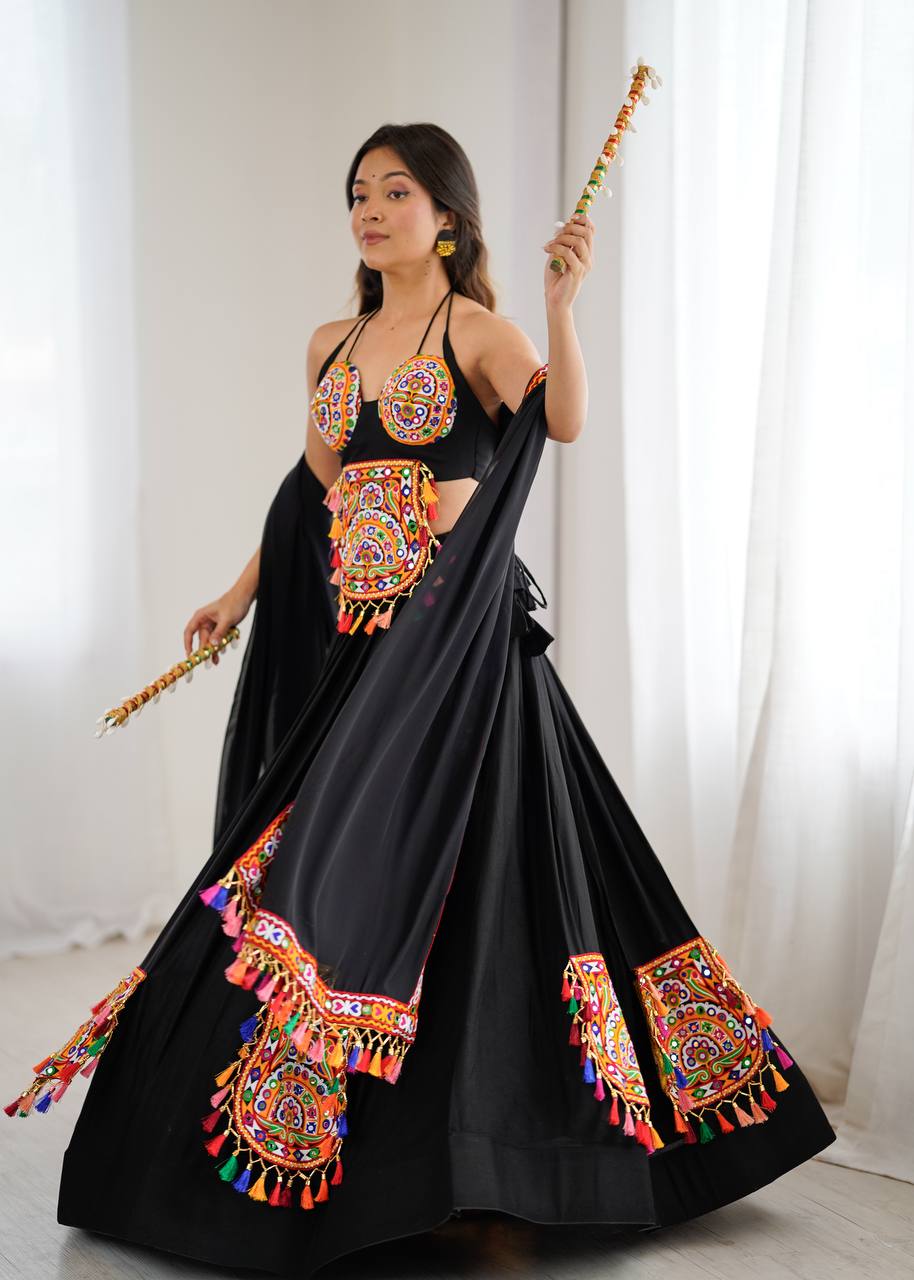 Black Color Navratri Designer Gamthi Work Rady to Wear Lehenga Set