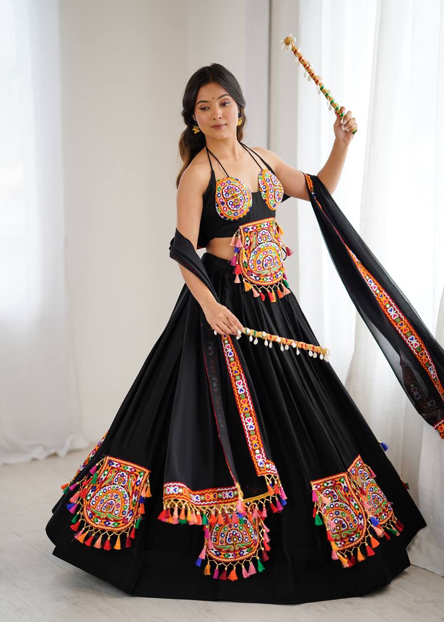 Black Color Navratri Designer Gamthi Work Rady to Wear Lehenga Set