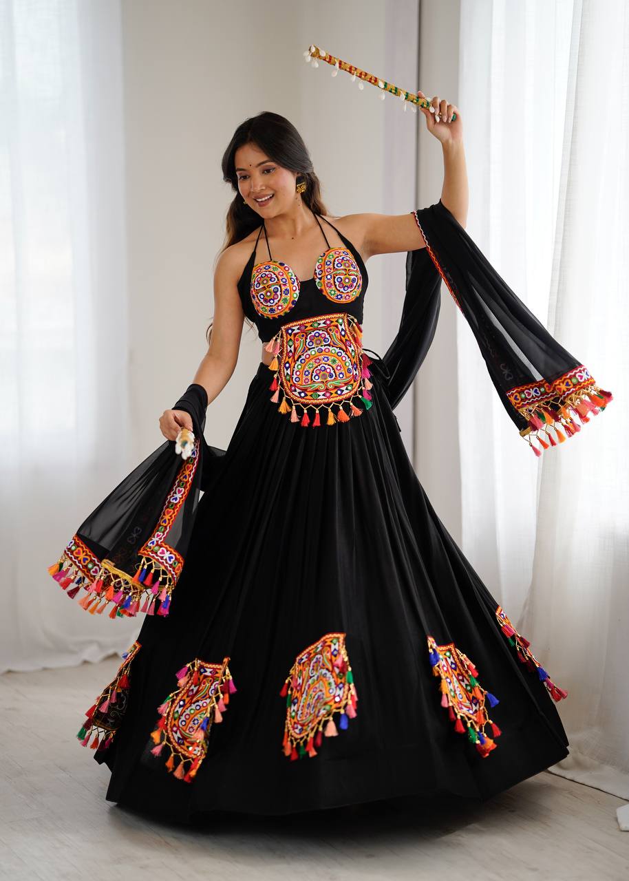 Black Color Navratri Designer Gamthi Work Rady to Wear Lehenga Set