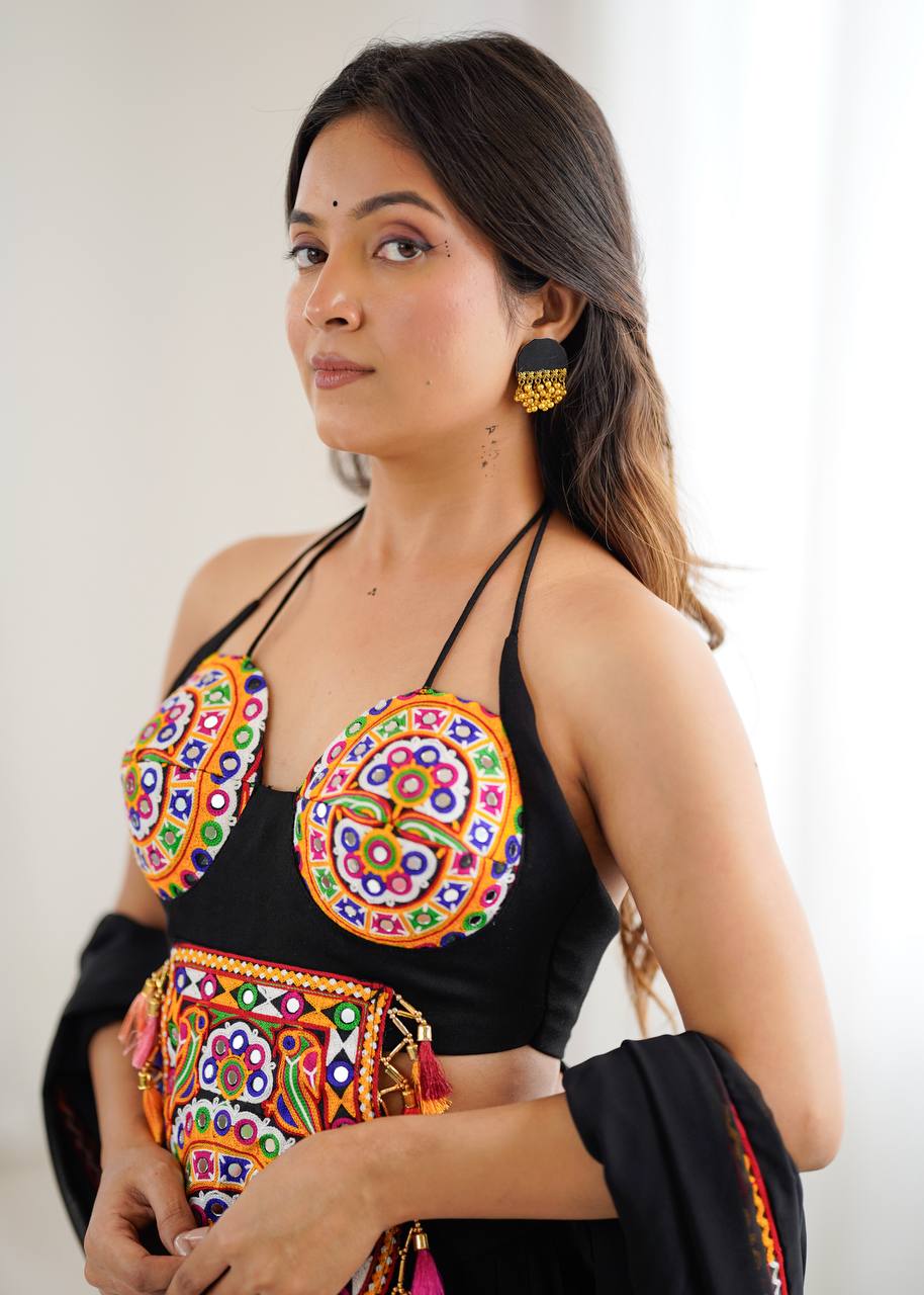 Black Color Navratri Designer Gamthi Work Rady to Wear Lehenga Set