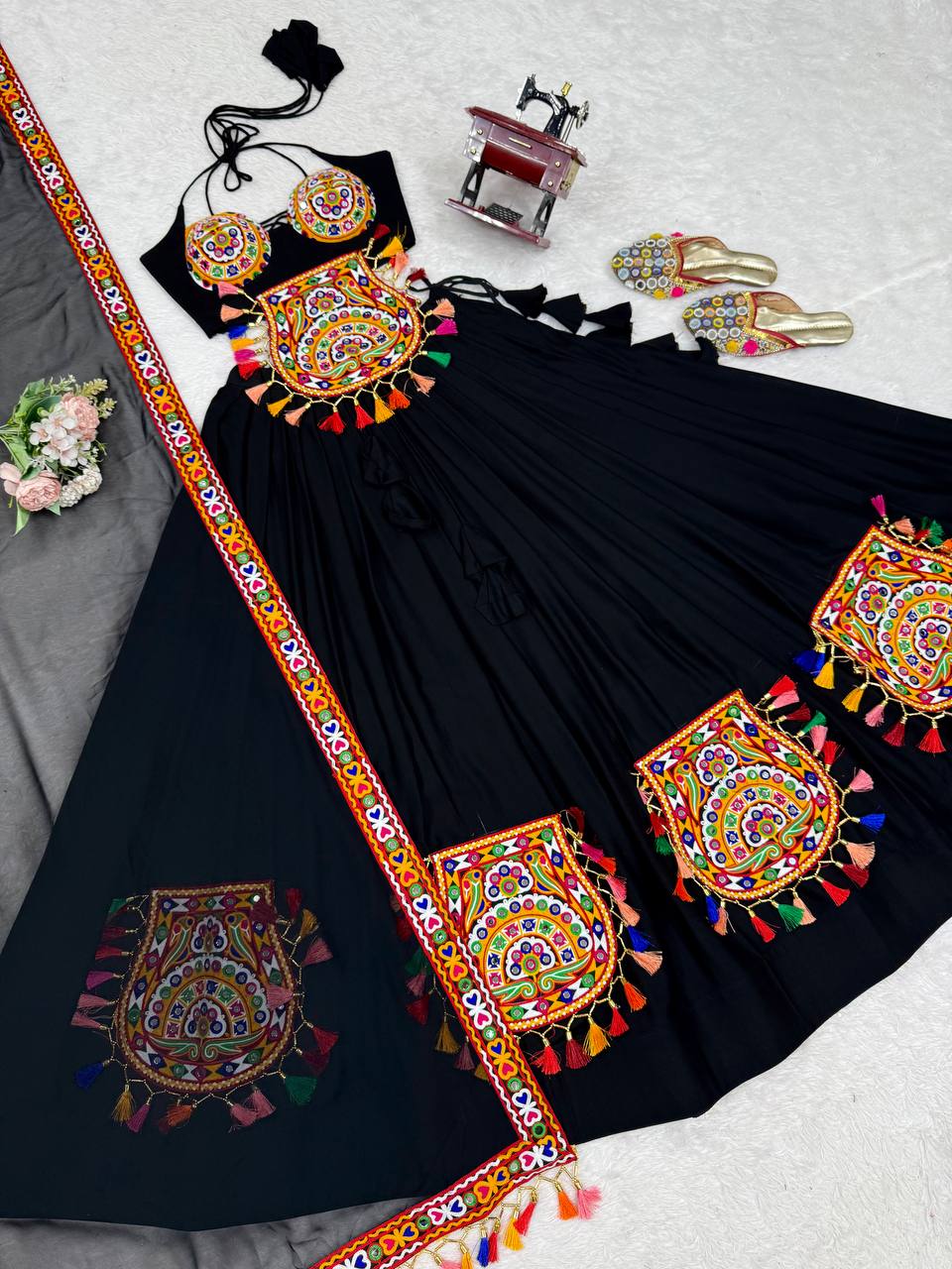 Black Color Navratri Designer Gamthi Work Rady to Wear Lehenga Set