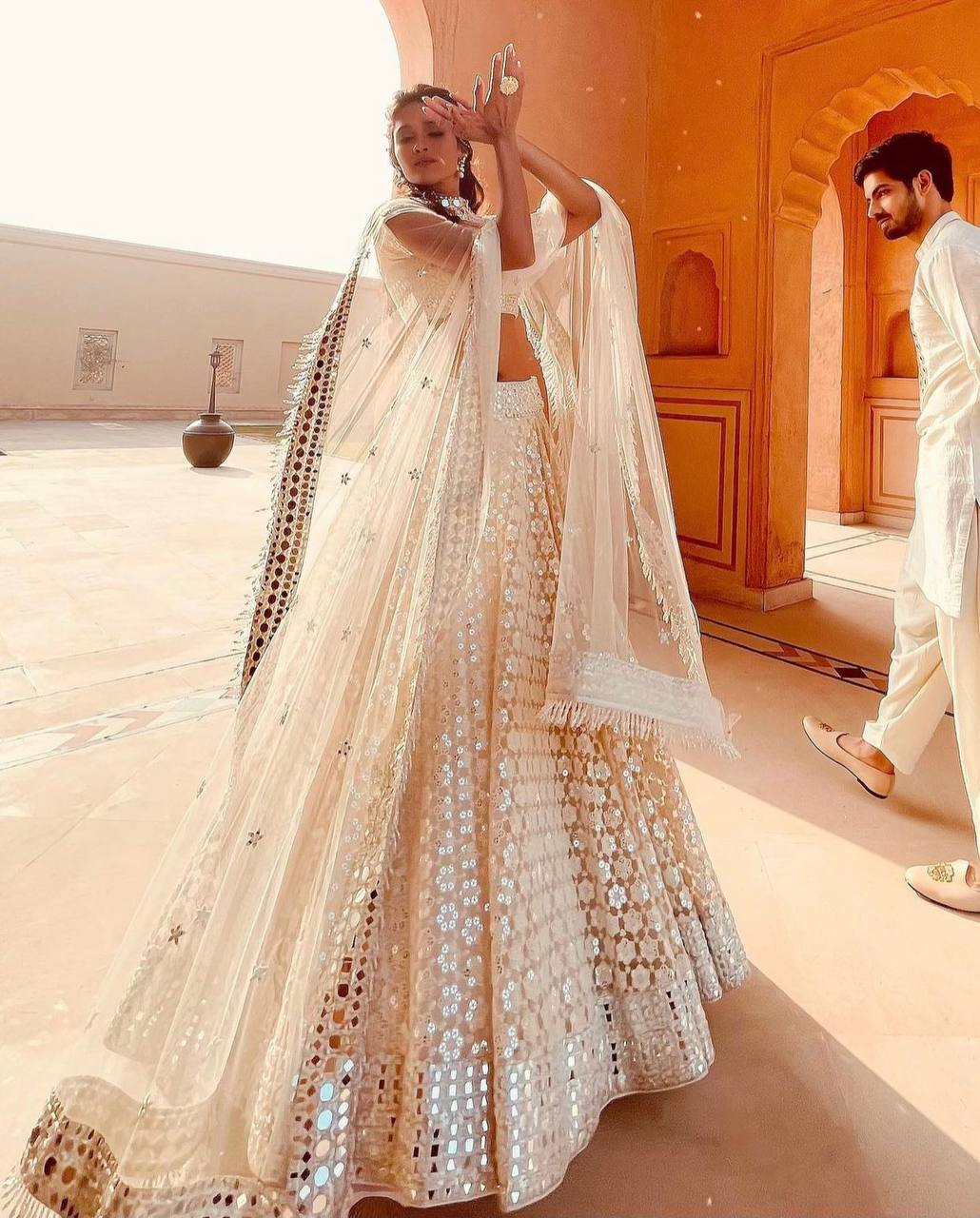 White Color Heavy Thread With Papper Mirror Work Designer Lehenga Choli