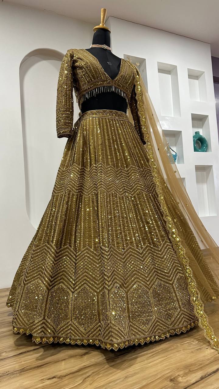 Golden Color Heavy Sequence Work Designer Lehenga Choli