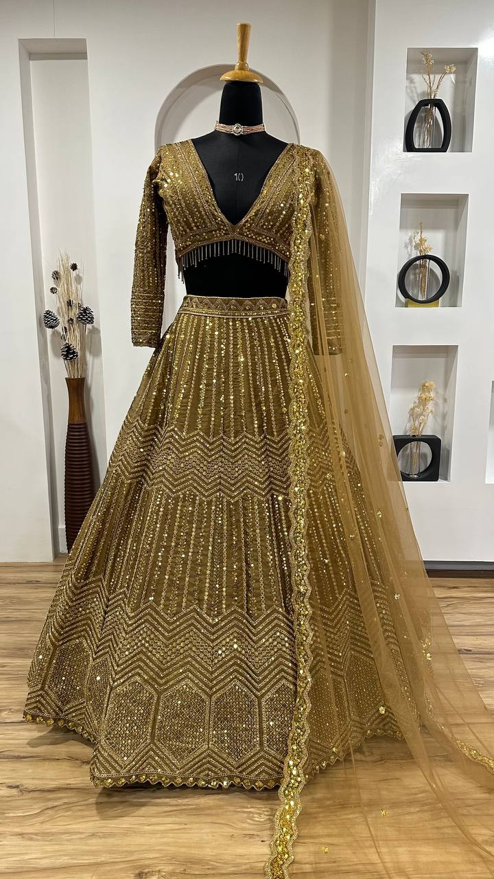 Golden Color Heavy Sequence Work Designer Lehenga Choli