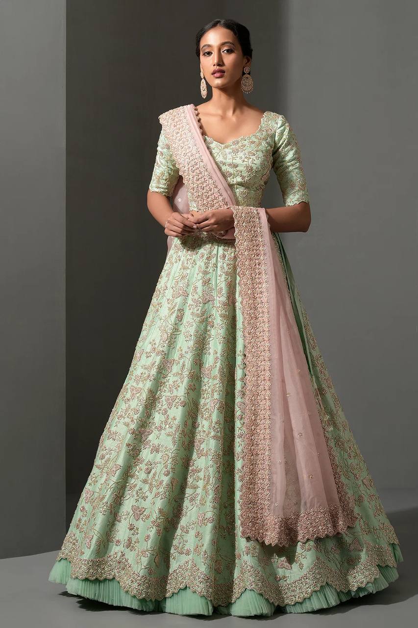Pista Color Thread With Sequins Work Wedding Wear Designer Lehenga Choli
