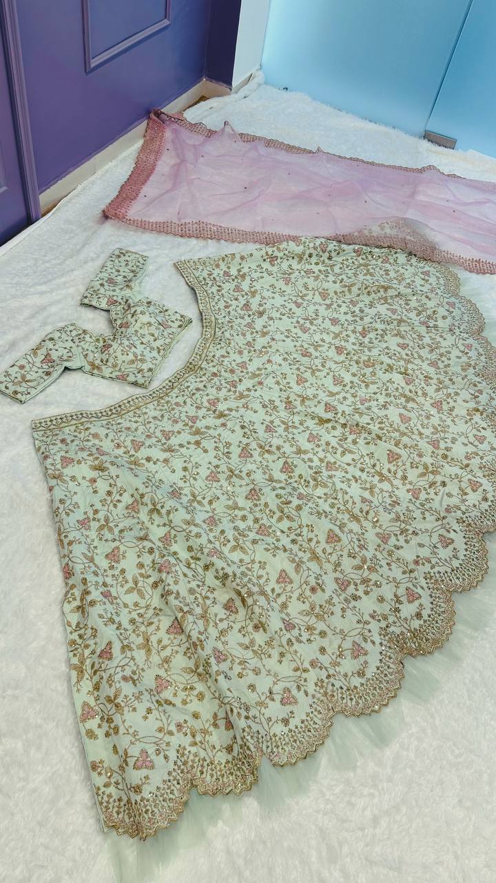 Pista Color Thread With Sequins Work Wedding Wear Designer Lehenga Choli