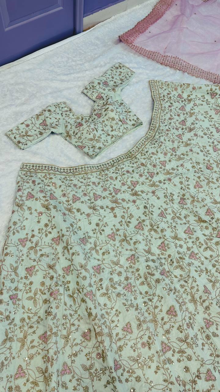 Pista Color Thread With Sequins Work Wedding Wear Designer Lehenga Choli