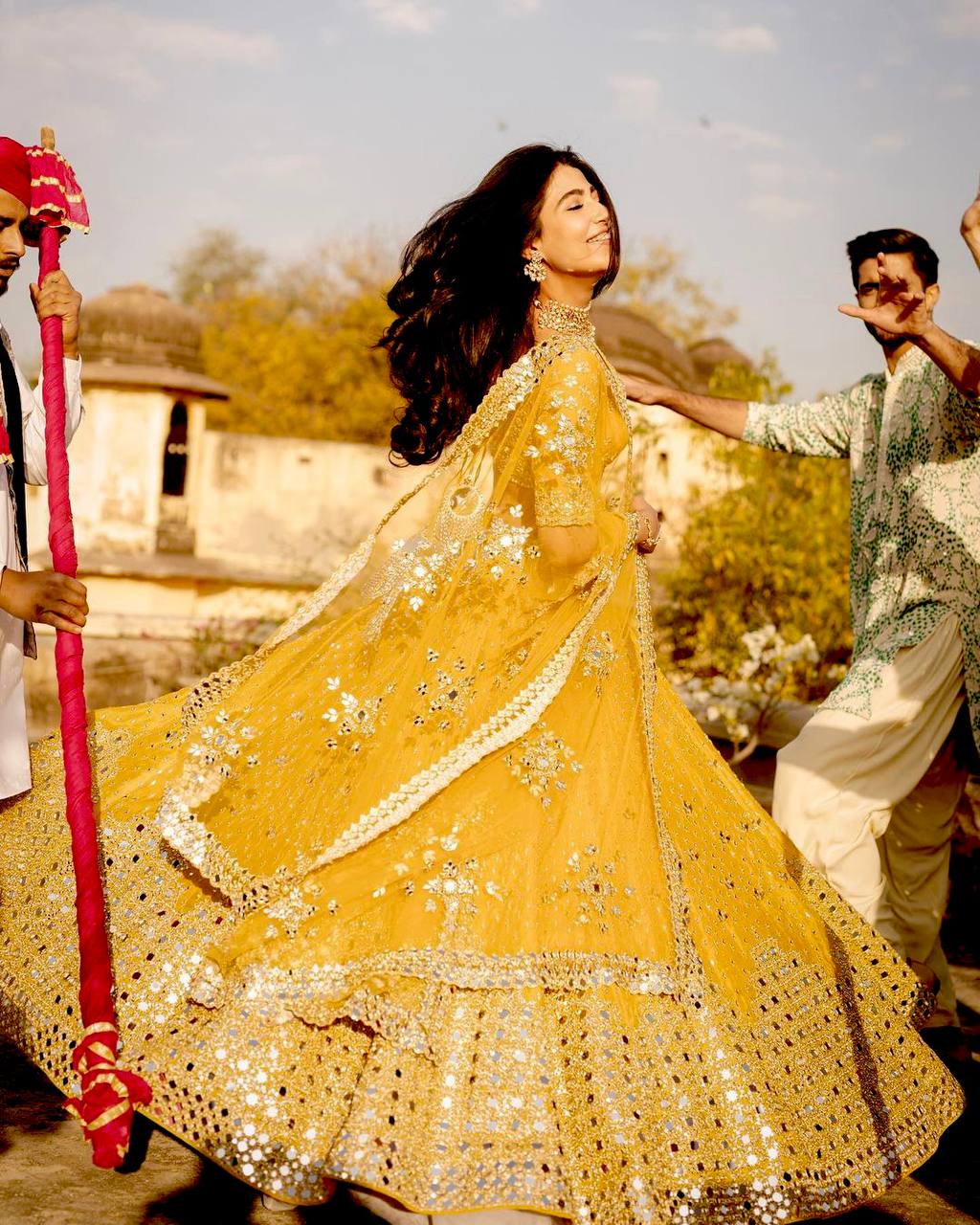 Yellow Color Paper Mirror Work Designer Lehenga Choli