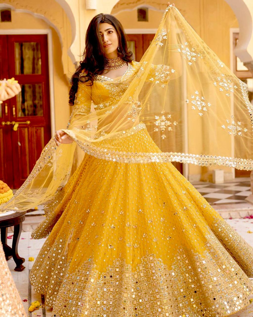 Yellow Color Paper Mirror Work Designer Lehenga Choli