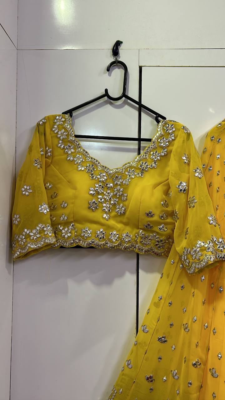 Yellow Color Paper Mirror Work Designer Lehenga Choli