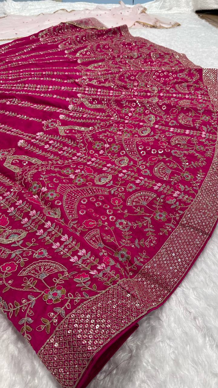 Pink Color Thread With Sequence Work Designer Wedding Wear Lehenga Choli