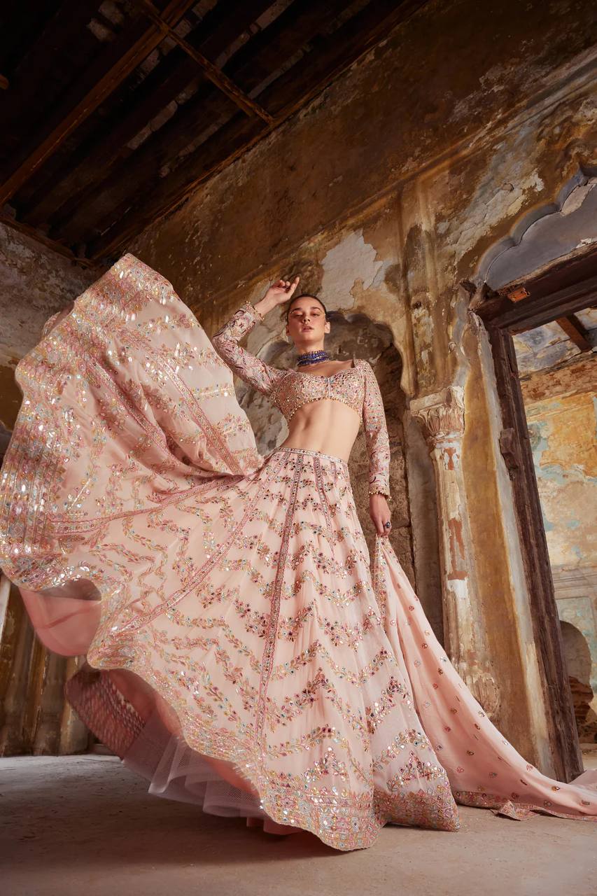Peach Color Thread With Sequence Work Designer Lehenga Choli