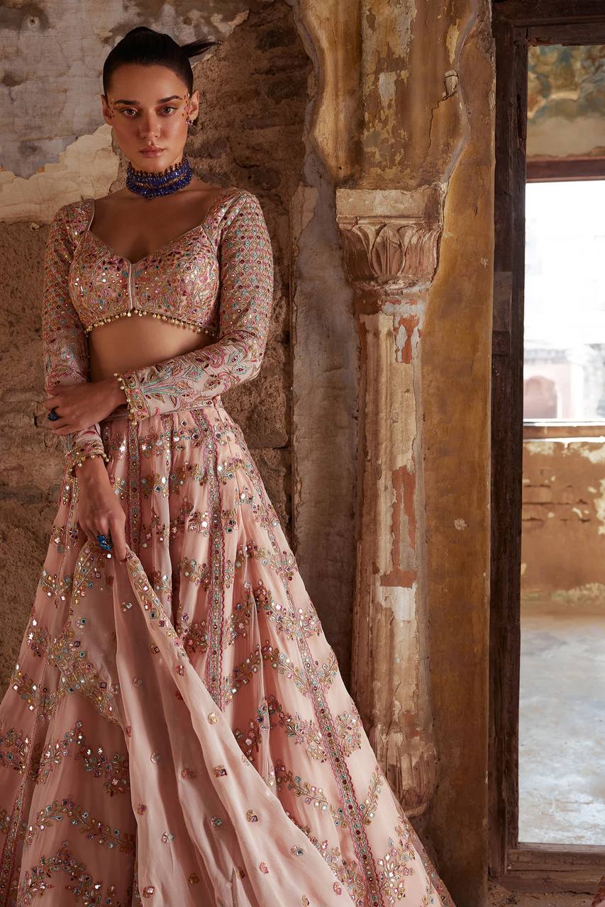 Peach Color Thread With Sequence Work Designer Lehenga Choli