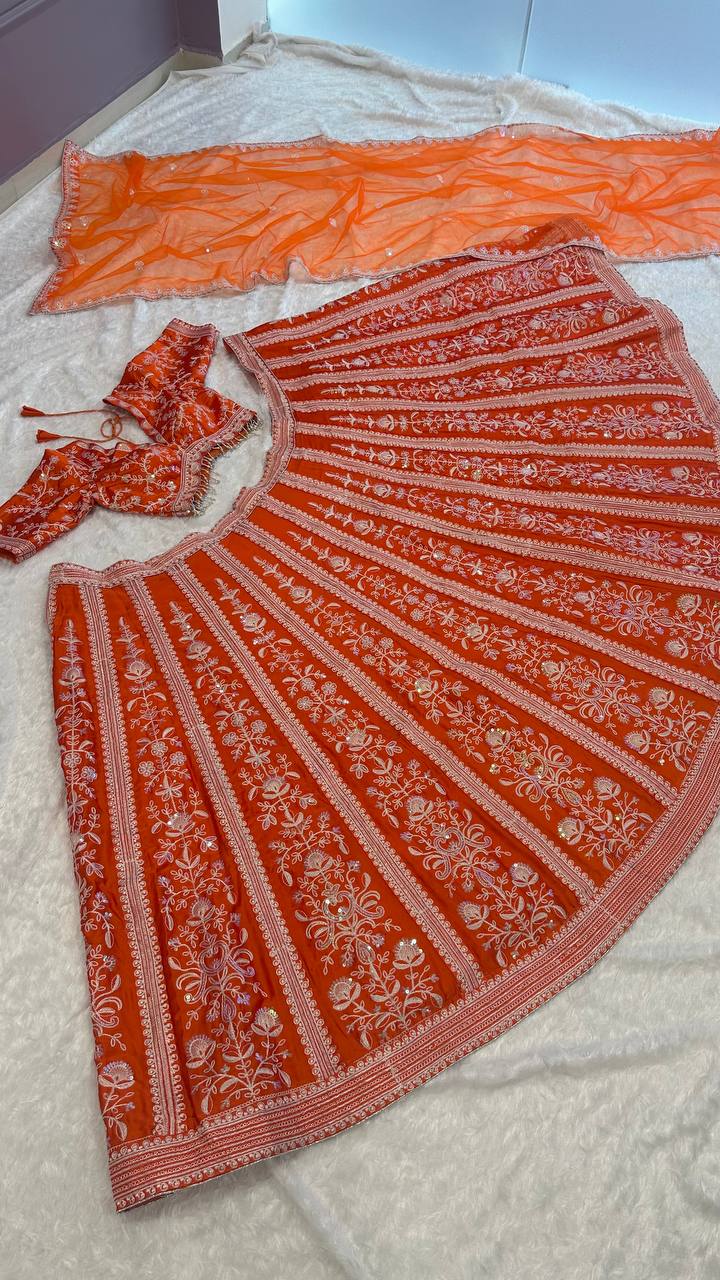 Orange Color Heavy Sequence With Thread Work Designer Lehenga Choli